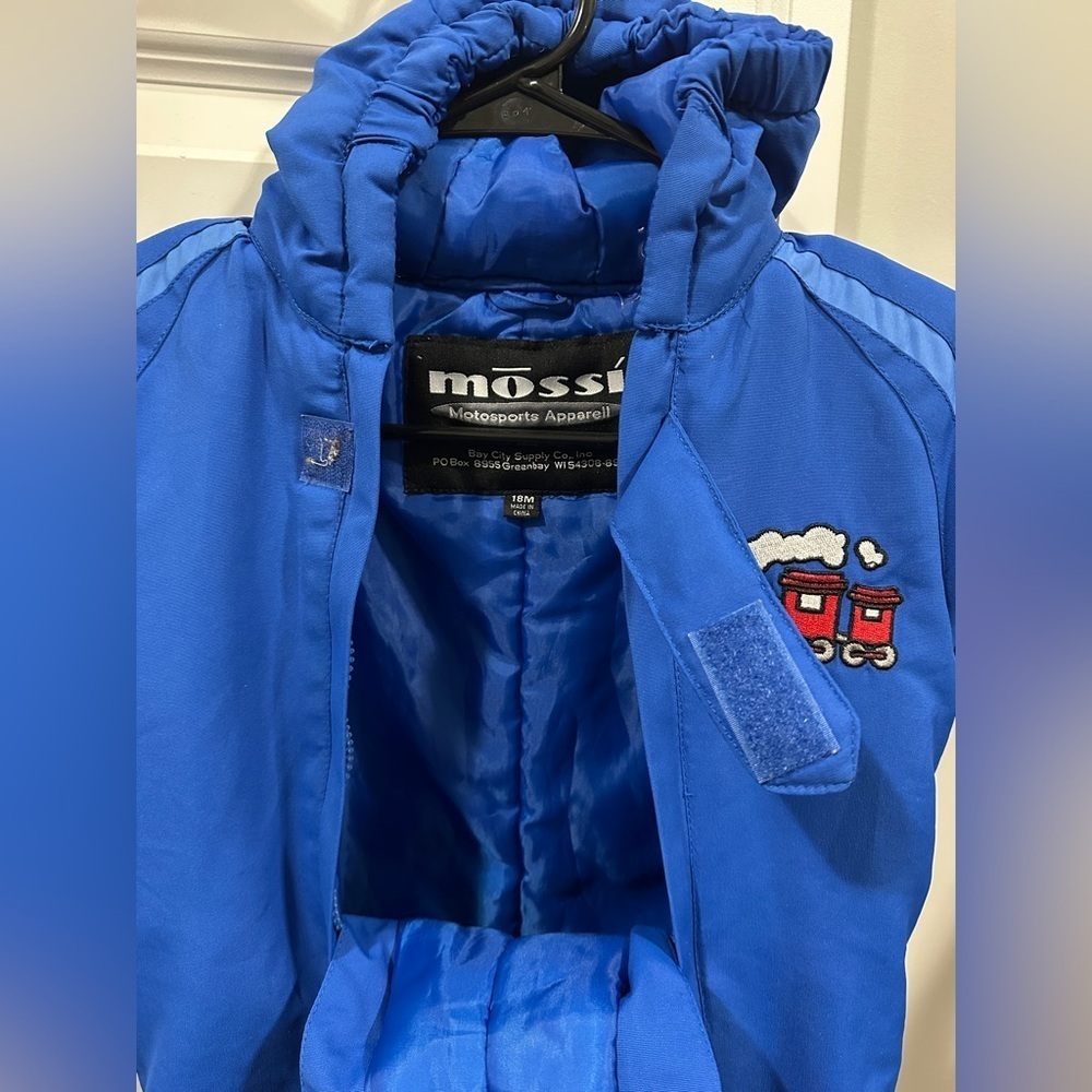 Mossi Vintage Toddler One Piece Snow Suit Blue Train Dual Zipper Size 18 months - Picture 3 of 11